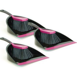 Sorbo Stoffer en blik zwart/roze - 3x - kunststof handveger met blik - Stoffer en blik