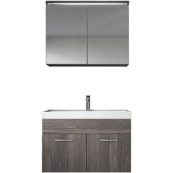 Badplaats Badkamermeubel Set Paso 02 80 x 40 cm - Grijs Eiken - Badmeubel met Wastafel en Spiegelkast
