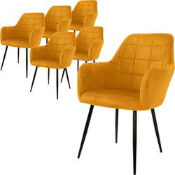 Set van 3 eetkamerstoelen met rugleuning & armleuning 2x mosterd fluwelen bekleding vierkant gewatteerd met metalen poten ML design