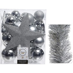 Kerstversiering kerstballen 5-6-8 cm met ster piek en folieslingers pakket zilver van 35x stuks - Kerstbal