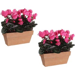 2x stuks cyclaam balkon kunstplanten roze in keramieken pot L29 x B13 x H33 cm - Kunstplanten