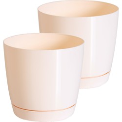 Set van 2x stuks plantenpotten/bloempotten kunststof glanzend creme/beige dia 18 x hoogte 16.5 cm - Plantenpotten