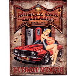 Clayre & Eef Tekstbord  25x33 cm Bruin Rood Ijzer Rechthoek Muscle car garage Wandbord