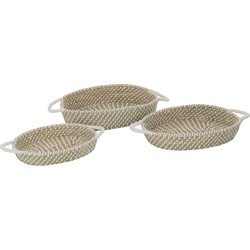 J-line - Set Van 3 Mand Ovaal Handvatten Stro Naturel/wit - 59x35x9.5cm