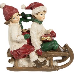 Clayre & Eef Decoratie Beeld Kinderen 12x6x11 cm Beige Rood Kunststof Slee Kerstdecoratie