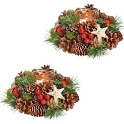 3x stuks complete kerststukjes krans met theelichthouder en decoratie 17 cm - Kerststukjes