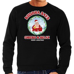 Bellatio Decorations foute Kersttrui/sweater heren - buddha says cheers & relax - zwart - bier S - kerst truien