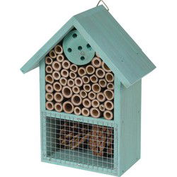 Insectenhotel huisje - blauw - 20 cm - dennenhout - hotel insecten - Insectenhotel