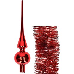 Kerstversiering glazen piek glans 26 cm en folieslingers pakket rood van 3x stuks - kerstboompieken