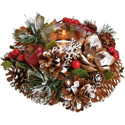 Kaarsenhouder ornament - bruin/rood - hout - 18 cm - Kerststukjes