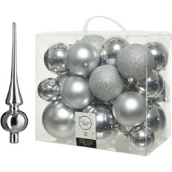 Kerstversiering kunststof kerstballen met piek zilver 6-8-10 cm pakket van 27x stuks - Kerstbal