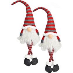 2x stuks pluche gnome/dwerg decoratie poppen/knuffels wit/rood/grijs 10 x 11 x 70 cm - Kerstman pop