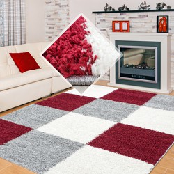 Tapijtenloods Basic Shaggy Geblokt vloerkleed Rood / Grijs Hoogpolig- 80x150 CM