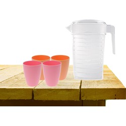 Set van 1x waterkan 1 liter met drinkbekers 2x roze en 2x oranje - Schenkkannen