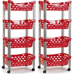 Set van 2x keukentrolley/roltafel 4 laags kunststof rood 40 x 88 cm - Opberg trolley
