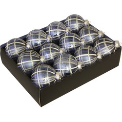 12x stuks luxe glazen gedecoreerde kerstballen donkerblauw schotse ruit 7,5 cm - Kerstbal