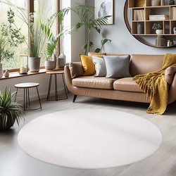 Sky Soft Uni Basic - Rond Vloerkleed - Laagpolig - Effen Kleur - Creme - Woonkamer Tapijt - Anti-Slip Rug- 200 CM ROND