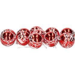 12x stuks gedecoreerde kerstballen rood kunststof 6 cm - Kerstbal