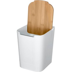 5Five prullenbak/vuilnisbak - 5 liter - bamboe - wit/lichtbruin - 24 x 19 cm - badkamer afvalbak - Pedaalemmers