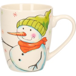 Kerstmok/wintermok sneeuwpop met groene muts en oranje sjaal van poreselein 10 cm - Bekers