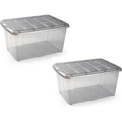 4x Opslagbakken/organizers met deksel 60 liter 63 x 46 x 32 transparant/grijs - Opbergbox