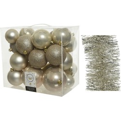 Kerstversiering kerstballen 6-8-10 cm met folieslingers pakket parel/champagne van 28x stuks - Kerstbal