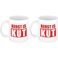 Set van 2x stuks kerst is kut cadeau mokken/bekers rood bedrukt Kerstmis 300 ml - Bekers