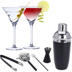 Set van 4x Martini cocktailglazen met zwarte 5-delige cocktailshaker set RVS - Cocktailglazen