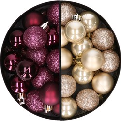 34x stuks kunststof kerstballen aubergine paars en champagne 3 cm - Kerstbal