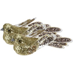 2x stuks kunststof decoratie vogels op clip goud met pailletten 15 cm - Kersthangers