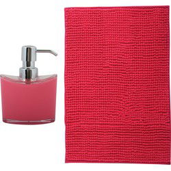 MSV badkamer droogloop mat - Bolzano - 40 x 60 cm - met bijpassend zeeppompje - fuchsia roze - Badmatjes