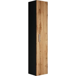Badplaats Badkamerkast Pluto 30 x 30 x 150 cm - Eiken met Zwart -Hangende Badkamerkasten Hoog met 1 Deur