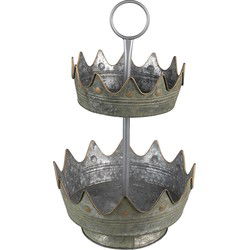 Clayre & Eef Etagère 2 laags  Ø 33x53 cm Grijs Groen Metaal Fruitschaal etagère