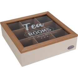 Excellent Houseware Theedoos - 9-vaks - beige/bruin - hout - 24 x 24 x 7 cm - theekist - Theedozen