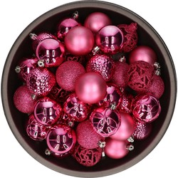 37x stuks kunststof kerstballen fuchsia roze 6 cm glans/mat/glitter mix - Kerstbal