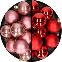24x stuks kunststof kerstballen mix van rood en oudroze 6 cm - Kerstbal