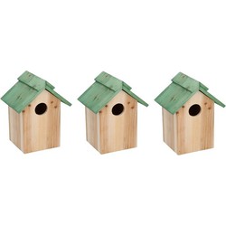Lifetime Garden Vogelhuisje - 3x - hout - 24 x 18 x 14 cm - groen dak - Vogelhuisjes