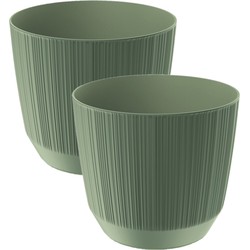 2x stuks moderne carf-stripe plantenpot/bloempot kunststof dia 15 cm/hoogte 13 cm groen - Plantenpotten