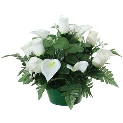 Louis Maes Kunstbloemen plantje in pot - wit - 26 cm - Bloemstuk ornament - rozen met bladgroen - Kunstbloemen
