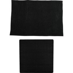 MSV Douche anti-slip mat en droogloop mat - Sevilla badkamer set - rubber/microvezel - zwart - Badmatjes