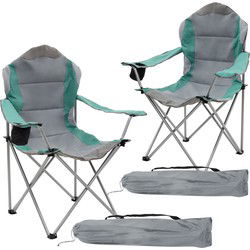 ECD Germany Set van 2 inklapbare campingstoelen grijs-turquoise visstoel met bekerhouder en tas opvouwbare tuinzetels grote stoel met hoge rugleuning gewatteerde zitstoel draagbare viszetel