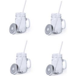 Mason Jar drinkbekers - 8x - glas - dop zilver met rietje - 500 ml - Drinkbekers