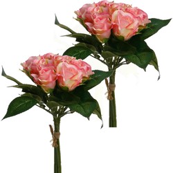 Atmosphera kunstbloemen 2 boeketten 9 roze rozen 24 cm - Kunstbloemen