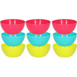 Plasticforte Kommetjes/schaaltjes - 9x stuks - dessert/ontbijt - kunststof - D14 cm - kleurenmix - Kommetjes