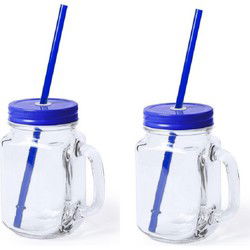 Mason Jar drinkbekers - 2x - glas - dop blauw met rietje - 500 ml - Drinkbekers