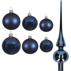 Groot pakket glazen kerstballen 50x donkerblauw glans/mat 4-6-8 cm met piek glans - Kerstbal