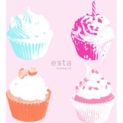 ESTAhome behang XXL cupcakes roze. blauw. wit en oranje