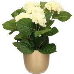 Hortensia kunstplant/kunstbloemen 36 cm - wit - in pot goud glans - Kunstplanten