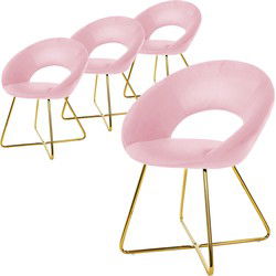 Set van 4 eetkamerstoelen met ronde open rugleuning roze fluweel met goudkleurige metalen poten ML design