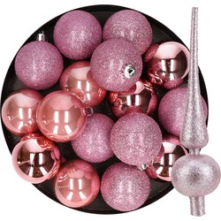 24x stuks kunststof kerstballen 6 cm inclusief glitter piek roze - Kerstbal